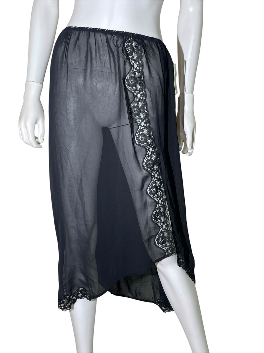 Anthropologie Sheer Mesh Lace-Trim Asymmetrical Midi Skirt Sz M Black Romantic - Picture 5 of 12